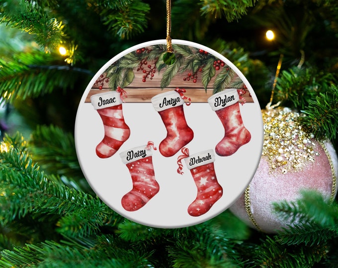 Christmas Ornaments Personalized Family, family of 5 ornament, Custom Family Stocking Ornament With Names Xmas Ceramic Keepsake Gift 2024
