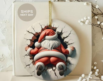 Dual-Sided 3D Effect Santa Claus Ornament, Funny Christmas Decor, Unique Holiday Decoration, Santa in Wall, Humorous Xmas Ornament Gift Idea