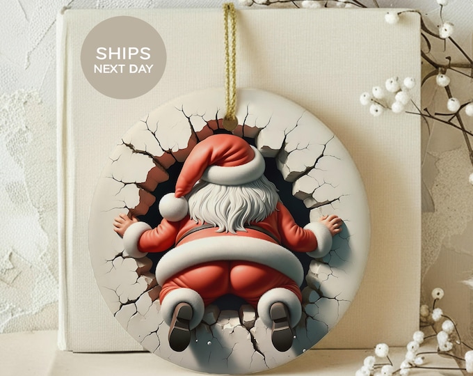 Dual-Sided 3D Effect Santa Claus Ornament, Funny Christmas Decor, Unique Holiday Decoration, Santa in Wall, Humorous Xmas Ornament Gift Idea
