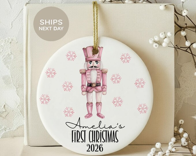 Pink Nutcracker Ornament Baby First Christmas Keepsake, Custom Name Pastel Holiday Decor, Cute Newborn Girl Gift Tree Bauble