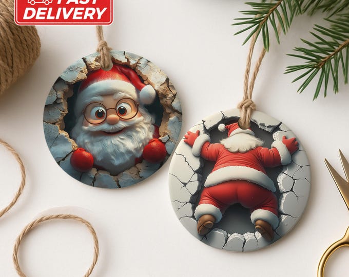 Santa Ornament, Stuck Santa Ornament, Funny Santa Ornament, Christmas Ornament, Dual Sided Santa Claus Ornament, Holiday Decor
