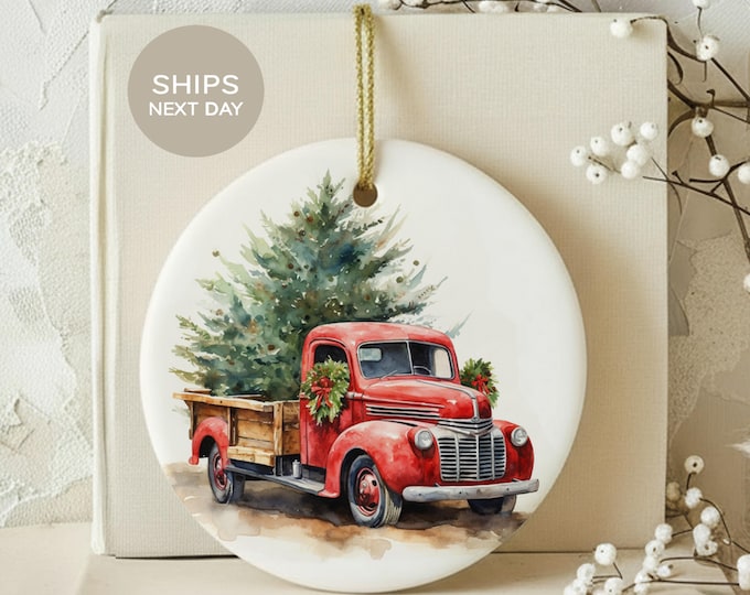 Vintage Red Truck Christmas Ornament, Rustic Watercolor Farmhouse Holiday Tree Decor, Nostalgic Country Christmas Keepsake Gift