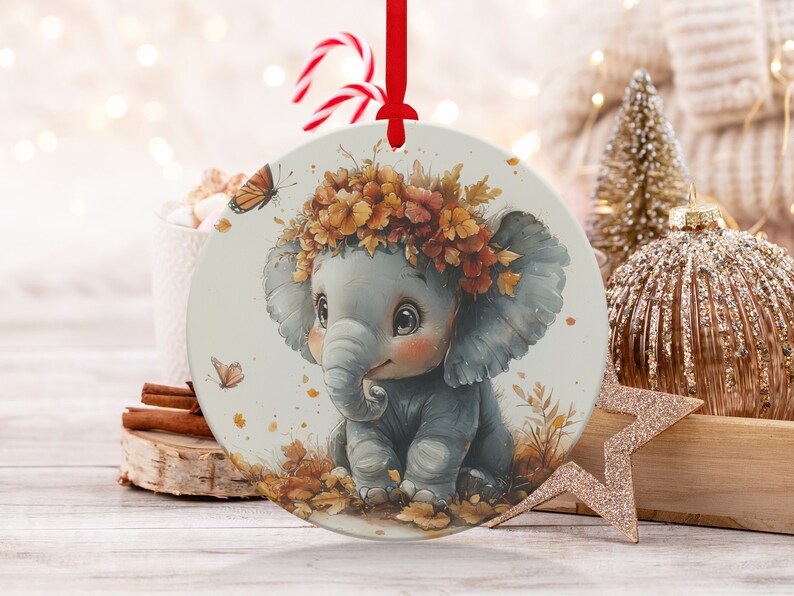 Cute Baby Elephant With Flowers and Butterflies Ornaments, Christmas