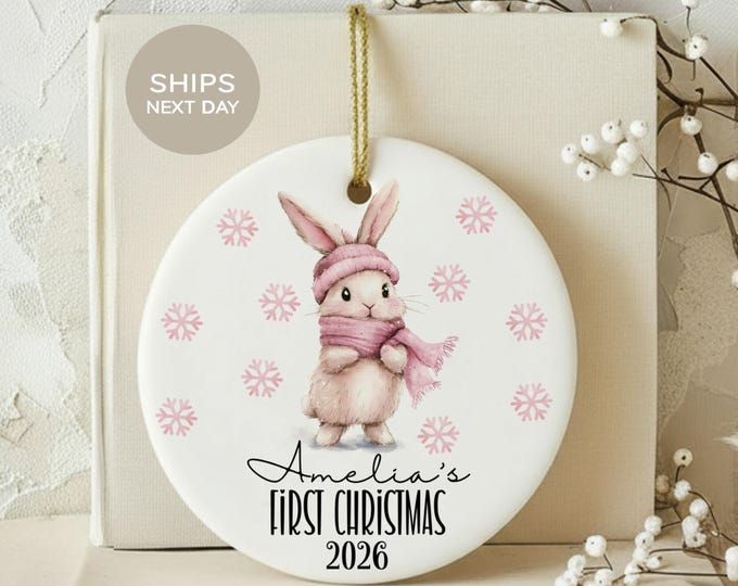 Baby First Christmas Ornament, Personalized Bunny Ornament for Baby Girl, Custom Name Keepsake, Cute Pink Winter Rabbit Holiday Tree Decor