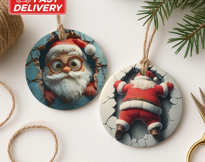 Funny Santa Ornament, Dual Sided Ornament, Crashing Santa, Christmas Ornament, Holiday Decor, Santa Claus Decor, Unique Ornament Gift