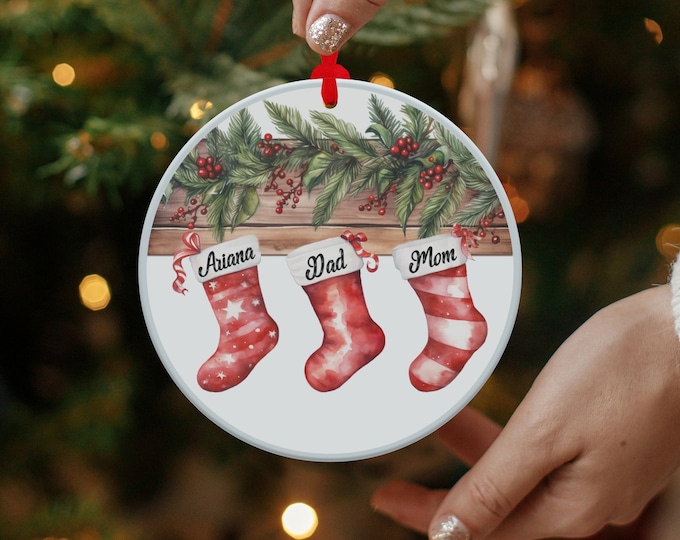 Christmas Ornaments Personalized Family, family of 3 ornament, Custom Family Stocking Ornament With Names Xmas Ceramic Keepsake Gift 2024
