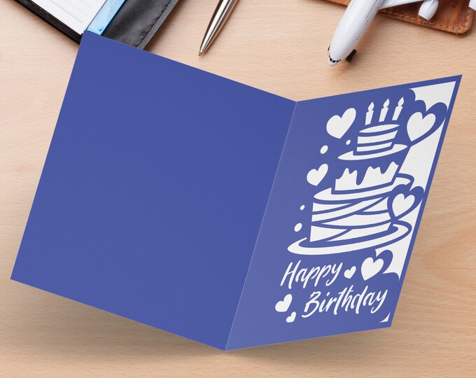 Happy Birthday Card, Multicolor Birthday Card, Cake Themed Birthday Card, 5.5x4.25 Folded Birthday Greeting Card, Heart Birthday Gift Card