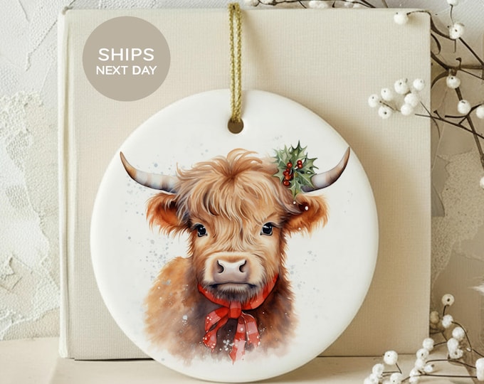 Highland Cow Christmas Ornament, Cute Watercolor Baby Cow Farmhouse Holiday Decor, Rustic Xmas Tree Keepsake Gift for Cow Lovers