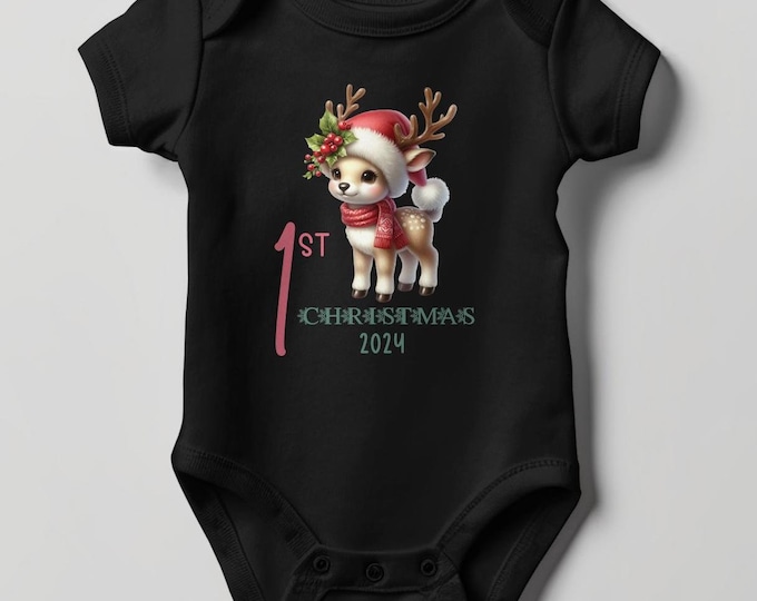 Baby's First Christmas Bodysuit 2024, Custom Baby Keepsake, Personalized Xmas Bodysuit, Deer Lovers Christmas Bodysuit With Santa Hat