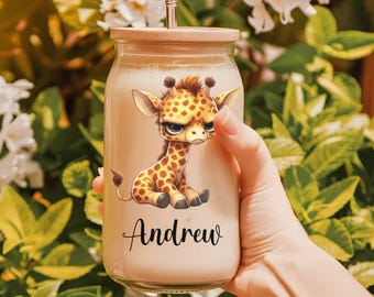Personalized Iced Coffee Cup 16oz Glass Cup, Grumpy Giraffe Design, Custom Name Coffee Glass, Cute Animal Print, Gift for Coffee Lovers