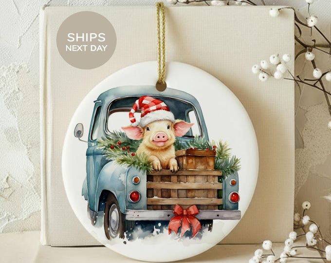 Pig Christmas Ornament, Cute Pig in Vintage Farm Truck Holiday Tree Decor, Rustic Farmhouse Ceramic Keepsake, Country Farm Animal Lover Gift