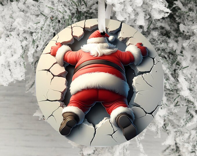 Dual-Sided 3D Effect Santa Claus Ornament, Funny Christmas Decor, Unique Holiday Decoration, Santa in Wall, Humorous Xmas Ornament Gift Idea