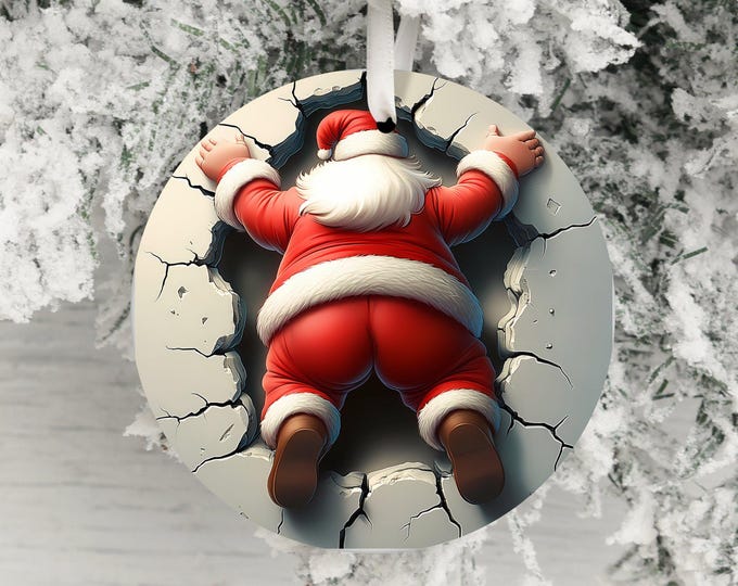 Dual-Sided Santa Claus Ornament, Funny Christmas Decor, Unique Holiday Decoration, Santa in Wall, Humorous Xmas Ornament Gift Idea