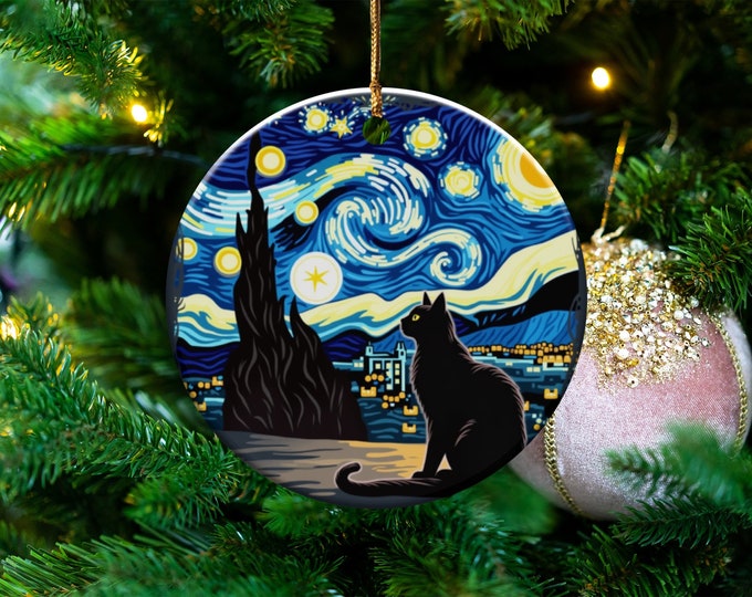 Starry Night Cat Ornament, Vincent Van Gogh Inspired, Artistic Cat Lovers Gift, Unique Home Decor, Night Sky Art Ornament