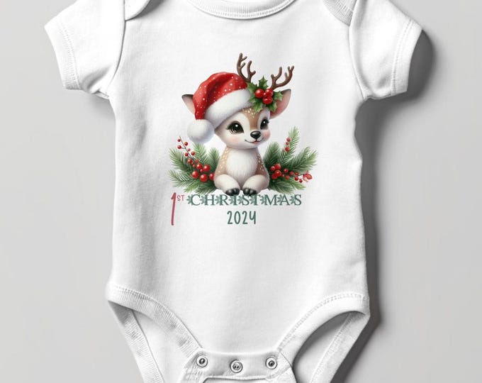 Baby's First Christmas Bodysuit 2024, Custom Baby Keepsake, Personalized Xmas Bodysuit, Deer Lovers Christmas Bodysuit With Santa Hat