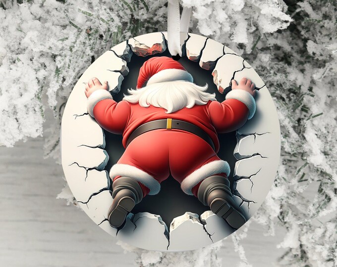 Dual-Sided 3D Effect Santa Claus Ornament, Funny Christmas Decor, Unique Holiday Decoration, Santa in Wall, Humorous Xmas Ornament Gift Idea