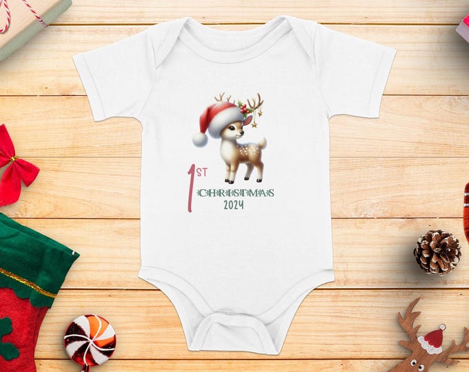 Baby's First Christmas Bodysuit 2024, Custom Baby Keepsake, Personalized Xmas Bodysuit, Deer Lovers Christmas Bodysuit With Santa Hat