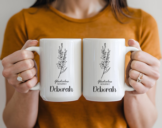 Custom Birth Month Flower and Name White Mugs, Personalized Floral Coffee Cup, Unique Gift for Her, Birthday Present, Office Mug
