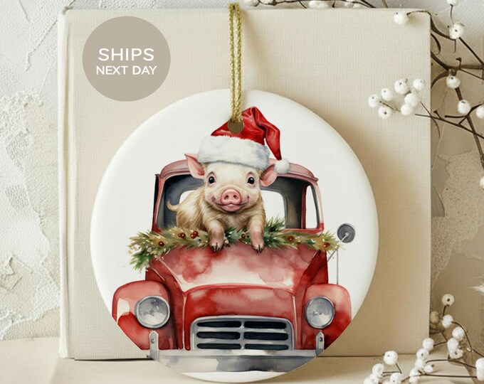 Cute Pig Christmas Ornament, Vintage Red Truck Farmhouse Holiday Decor, Watercolor Santa Piggy Tree Hanging, Farm Animal Xmas Gift