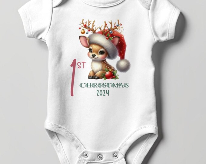 Baby's First Christmas Bodysuit 2024, Custom Baby Keepsake, Personalized Xmas Bodysuit, Deer Lovers Christmas Bodysuit With Santa Hat