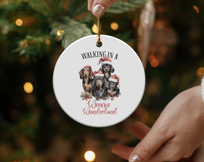 Cute Dachshund Christmas Ornament, Walking in a Weenie Wonderland, Dog Lover Gift, Holiday Decor, Weiner Dog Ornament