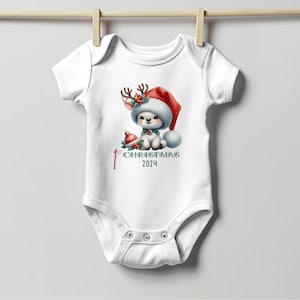 Baby&#39;s First Christmas Bodysuit 2024, Custom Baby Keepsake, Personalized Xmas Bodysuit, Deer Lovers Christmas Bodysuit With Santa Hat