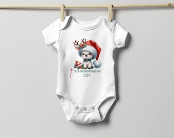 Baby's First Christmas Bodysuit 2024, Custom Baby Keepsake, Personalized Xmas Bodysuit, Deer Lovers Christmas Bodysuit With Santa Hat