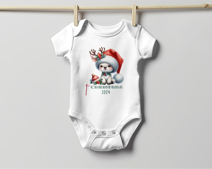 Baby's First Christmas Bodysuit 2024, Custom Baby Keepsake, Personalized Xmas Bodysuit, Deer Lovers Christmas Bodysuit With Santa Hat