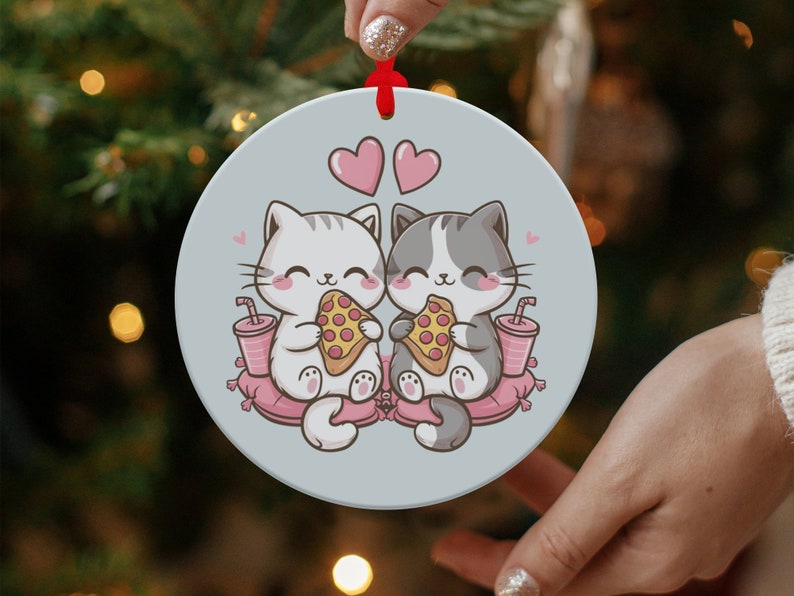 Cute Cat Eating Pizza Ornament, Pizza Loving Cats Ornament, Adorable Cat Couple Decoration