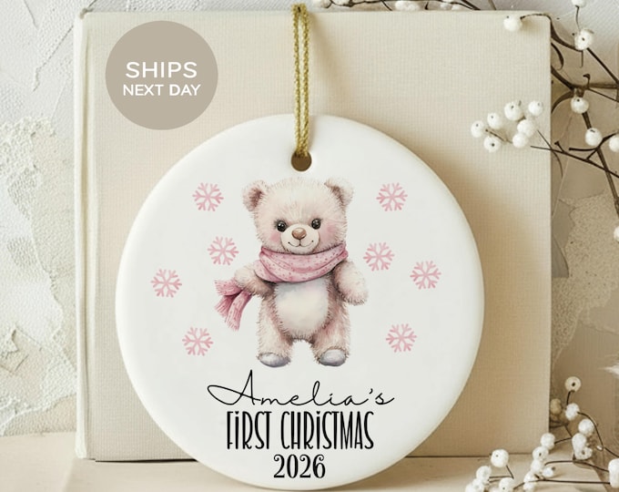 Baby First Christmas Ornament Girl, Custom Teddy Bear Ceramic Ornament, Personalized Newborn Keepsake, Baby Shower Holiday Gift Decor