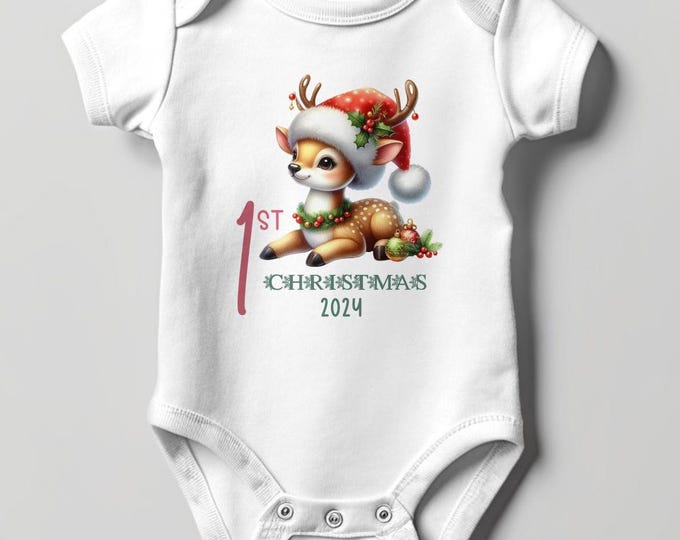 Baby's First Christmas Bodysuit 2024, Custom Baby Keepsake, Personalized Xmas Bodysuit, Deer Lovers Christmas Bodysuit With Santa Hat