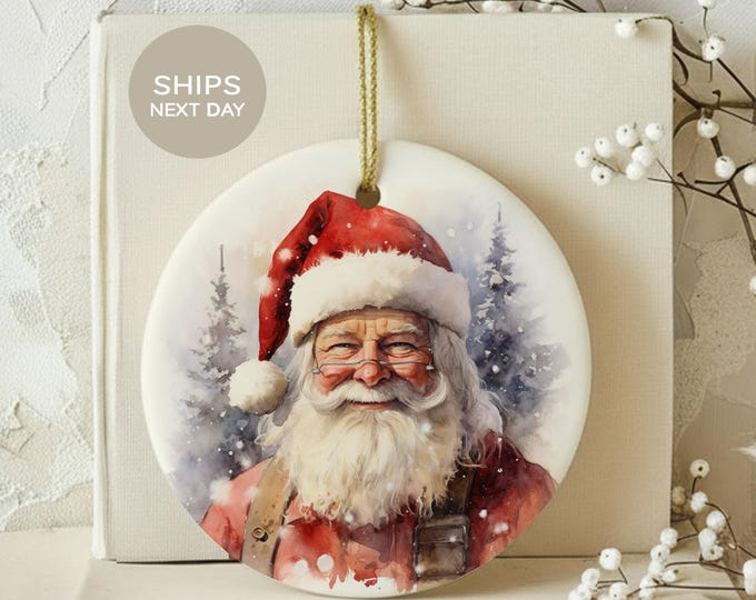 Vintage Santa Christmas Ornament, Watercolor Santa Claus Tree Decor, Rustic Holiday Ceramic Keepsake, Nostalgic Christmas Gift