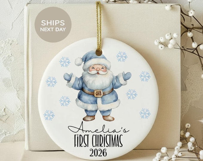 Babys First Christmas Ornament Custom Blue Santa Holiday Keepsake for Newborn, Cute Watercolor First Xmas Tree Decor Gift