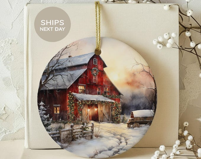 Rustic Farmhouse Barn Christmas Ornament, Country Red Barn Holiday Decor, Winter Landscape Ceramic Keepsake, Cozy Farm House Gift