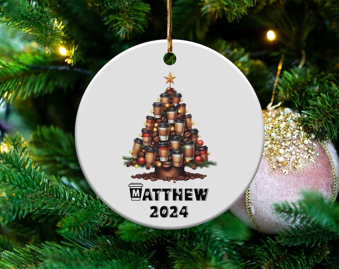 Personalized 2024 Coffee Christmas Tree Ornament, Custom Coffee Cup Font Christmas Tree Ornament, Customized Name Ceramic Ornament Keepsake