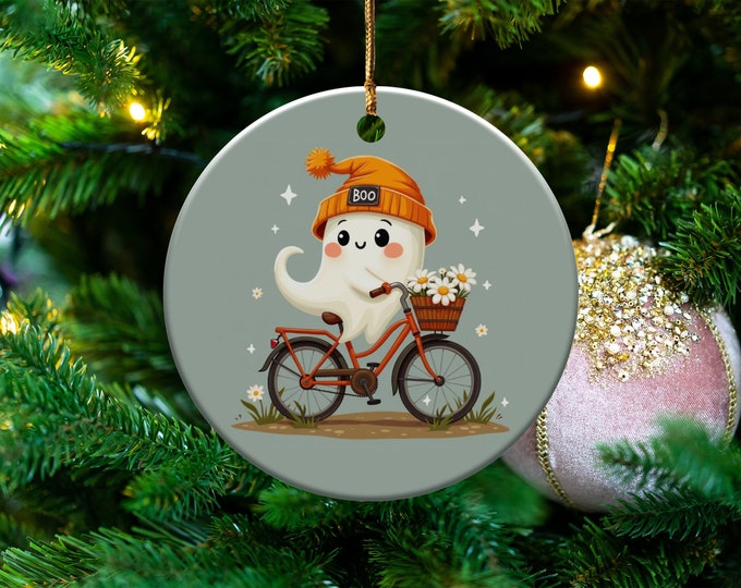 Cute Ghost Bicycle Ornament, Halloween Home Decoration, Kawaii Ghost Decor, Spooky Ghost Figurine, Fall Room Accent
