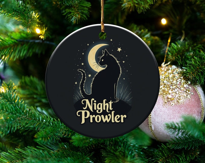 Cat and Moon Night Prowler Ornament, Celestial Theme Cat Decor, Unique Gift for Cat Lovers, Mystical Home Decor Accent