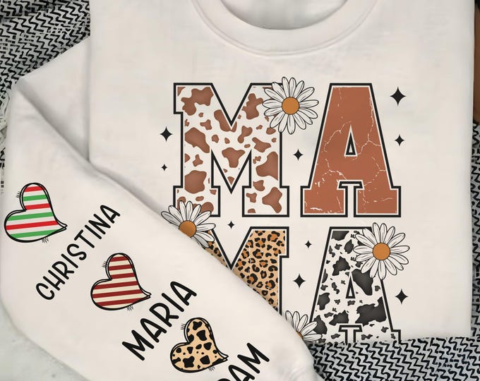 Trendy Mama Sweatshirt, Custom Kids Names Sweatshirt, Animal Print Mama Floral Sweater, Personalized Mother's Day Gift, Cute Daisy Design