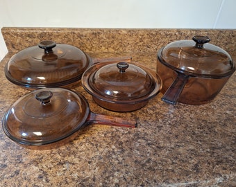Vintage Corning Visions Glass Cookware Visionware Amber Brown 8 Pieces Visions Saucepans Skillets Pots Pans + Lids
