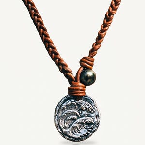 Wave Coin Necklace for Men | Waterproof Stainless Steel Pendant, Braided Leather Cord & Black Pearl | Surf Gift for Him