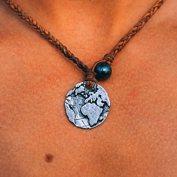 Globe Coin Necklace, Authentic Leather Cord, 925 Silver Jewelry, Globe Design Necklace, Handmade Jewelry, Black Pearl Necklace, Gift for Him