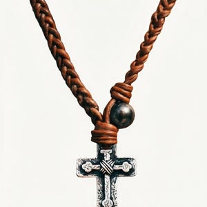 Cross Pendant Necklace | Stainless Steel Cross on Braided Leather Cord with Black Pearl | Faith Jewelry for Men