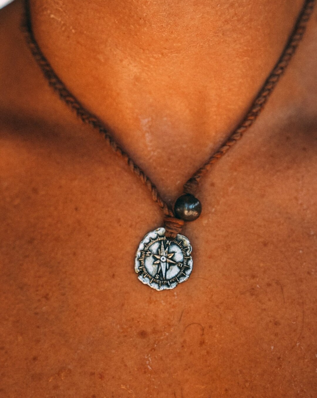 Compass Coin Necklace, 925 Silver Pendant, Authentic Leather Cord