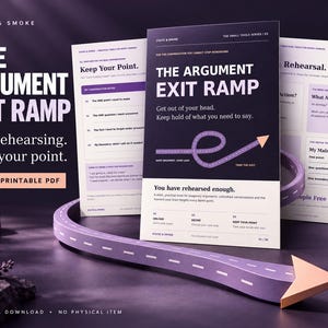 Può includere: Un PDF stampabile di 6 pagine intitolato The Argument Exit Ramp di Static & Smoke. Il documento presenta uno schema di colori viola scuro e bianco con un grafico di una strada tortuosa che porta a una freccia. Include suggerimenti di testo.