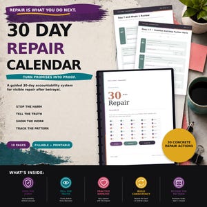 30-Day Repair Calendar After Infidelity | Betrayal Recovery Workbook (Fillable PDF)