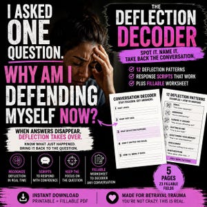 Puede incluir: Un producto digital titulado The Deflection Decoder que incluye 12 patrones de desviación, guiones de respuesta y una hoja de trabajo rellenable. El texto incluye I Asked One Question, Why Am I Defending Myself Now y tácticas de conversación.