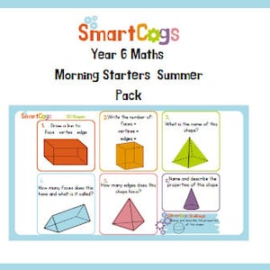 Op de afbeelding: Een werkblad met zes verschillende 3D-vormen. Elke vorm heeft een vraag over de eigenschappen ervan, zoals het aantal vlakken, hoekpunten en randen. Het werkblad heeft de titel "3D Shapes" en maakt deel uit van een "Morning Starters Summer Pack" voor wiskunde van groep 6.