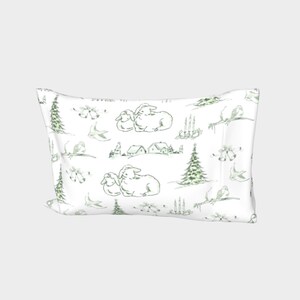 May include: White pillowcase with a green and white pattern of sheep, birds, trees, and houses. The pattern is repeated throughout the pillowcase.
