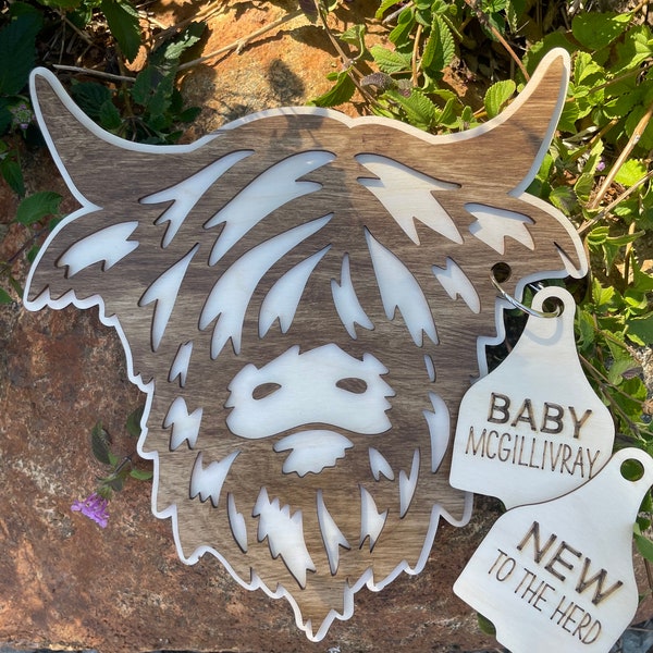 Highland Cow Baby Milestone Markers, New to the Herd Baby Stats Tags, Cowboy Baby Photo Prop, Western Cow Tag Wood Monthly Milestones Baby