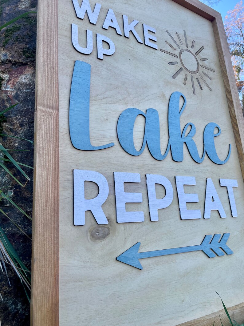 Framed Wake up Lake Repeat Wooden 3D Sign, Lake House Decor, Large Lake
